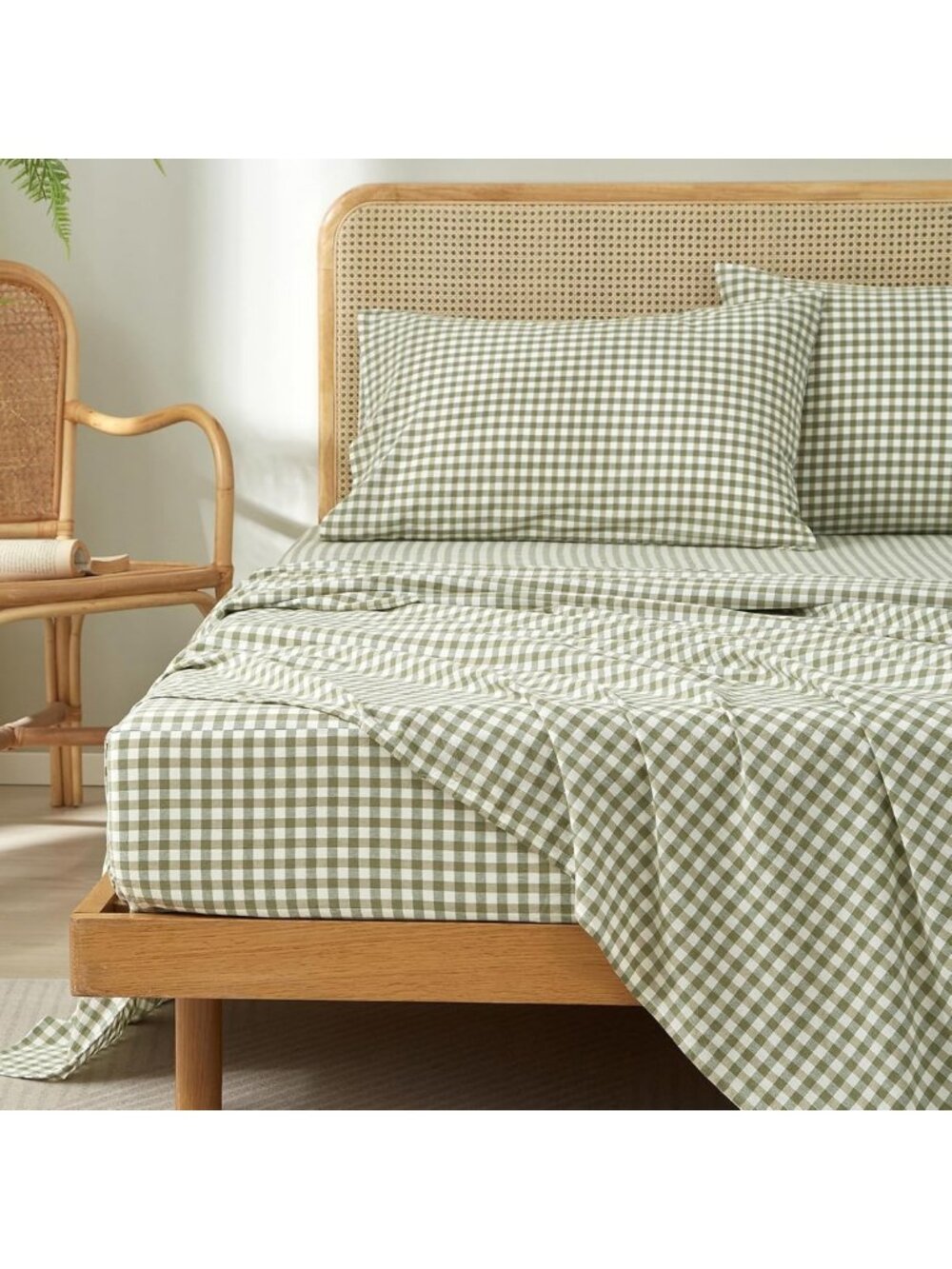 Gingham Queen Sheet Set - 100% Cotton, Sage Green Plaid, Soft & Lightweight